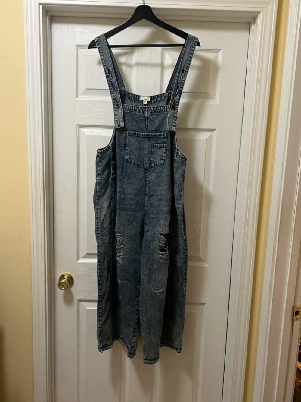 Easel Distressed Cropped Denim Overalls in Faded Blue